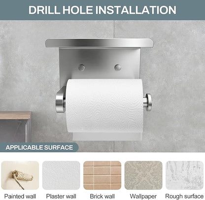 SetSail Toilet Paper Holder with Shelf Adhesive or Screw-in Bathroom Toilet Paper Roll Holders Wall Mount Heavy-Duty Brushed Nickel Tissue Holder for Bathroom Hardware Accessories