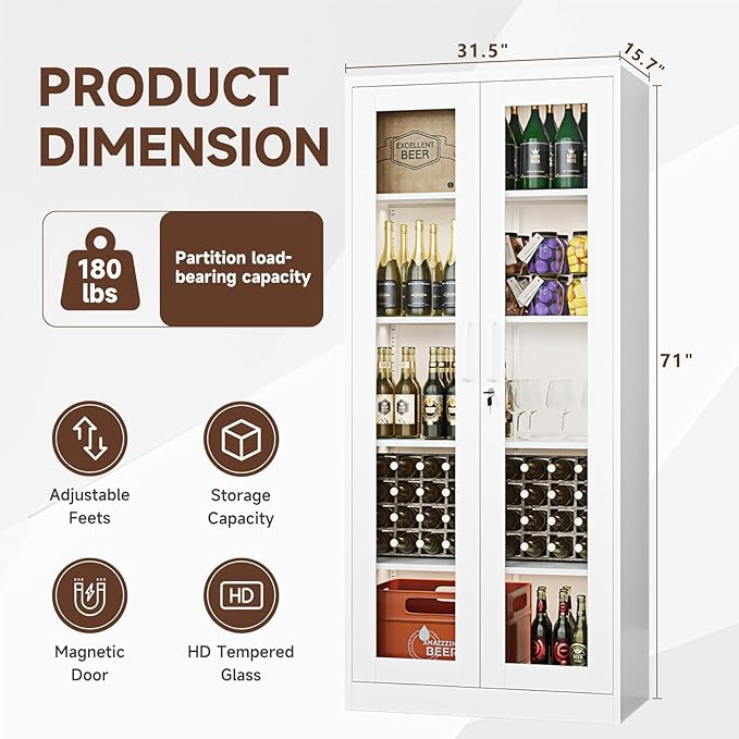 Display Cabinet with Glass Doors, 71 Inches Metal Display Case with 4 Adjustable Shelves, Curio Storage Cabinet with Lock for Home, Office, Book, Pantry, Assemble Required (White)