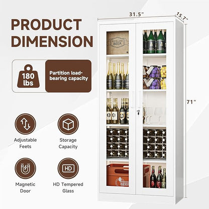 Display Cabinet with Glass Doors, 71 Inches Metal Display Case with 4 Adjustable Shelves, Curio Storage Cabinet with Lock for Home, Office, Book, Pantry, Assemble Required (White)
