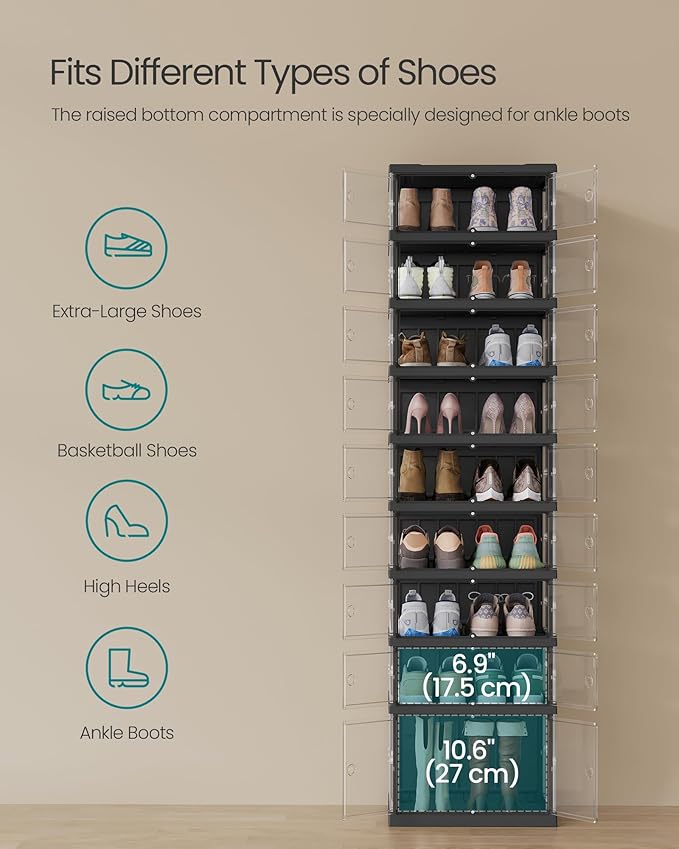 SONGMICS Foldable Shoe Storage Organizer for Closet, Stackable Sneaker Cabinet with Magnetic Door, Large Plastic Container Bins for Entryway, 9-Tier for 18 Pairs, Transparent and Ink Black ULSP918BH01