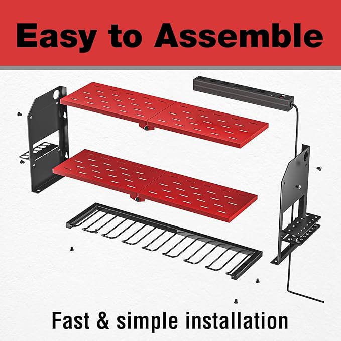 YYR Power Tool Organizer with Charging Station Wall Mount, Cordless Drill and Battery Holder for Garage Organization, Electric Tools Storage Rack Build in Surge Protection Power Strip - Red Shelf