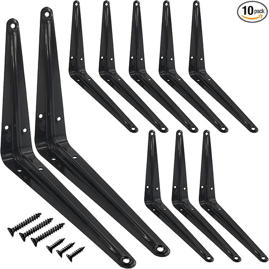 Lilaly 10 Pack Shelf Brackets 8 Inch Shelf Bracket, Heavy Duty L Brackets for Shelves for Hanging Floating Shelves Brack with Screws and Wall Anchors(6"x8",Black)