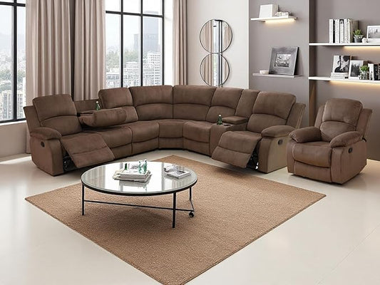 Recliner Sectional Sofa Set, Living Room Furniture Sets, Brown Corduroy Reclining Sectional Corner Sofa and Chair with Drop-Down Table, Cup Holder and Storage Console for Bedroom, Office