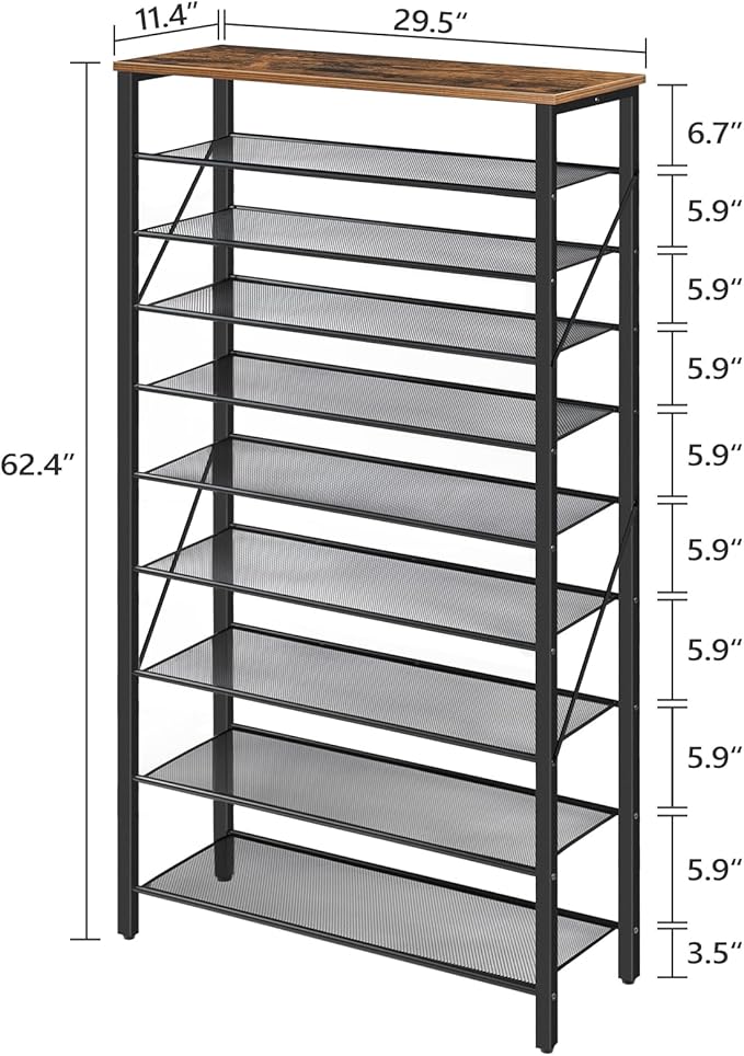 10-Tier Shoe Rack, Shoe Organizer for Entryway, Large Capacity Shoe Shelf, for 36-40 Pairs of Shoes, Stable Sturdy, Shoe Storage with 9 Metal Mesh Shelves, Rustic Brown SRHR1101Z