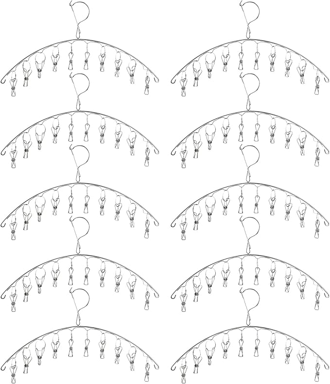 Suwimut 10 Pack Laundry Drying Rack Clothes Hanger with 10 Clips, Stainless Steel Clothes Drying Rack Sock Hangers Windproof Clip and Drip Hanger for Drying Socks, Bras, Towel, Underwear, Diapers