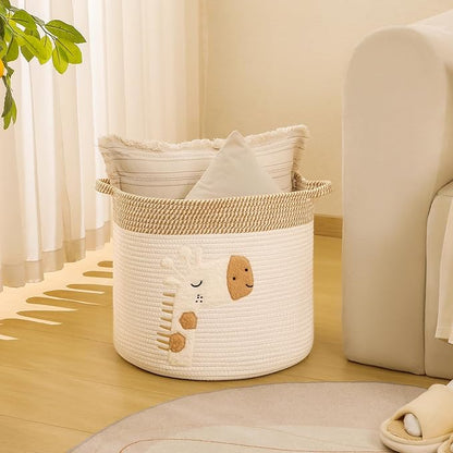 Large Blanket Baskets for Living Room Decor, Toy Storage Baskets Woven Cotton Rope Storage Basket for Kids, Dog Toys Organizer Clothes Hamper with Embroidery Decor for NurseryLaundry (Large, Giraffe)