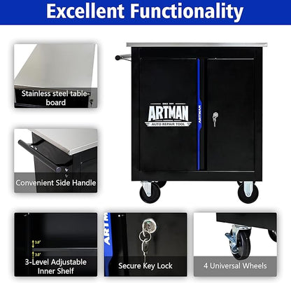 2-Door 2-Shelf Rolling Tool Chest with Stainless Steel Countertop,Tool Chest with Secure Locking System,Mobile Storage Tool Cabinet with 360°Wheels and Padded Feet,for Home,Garage(Black+Blue)