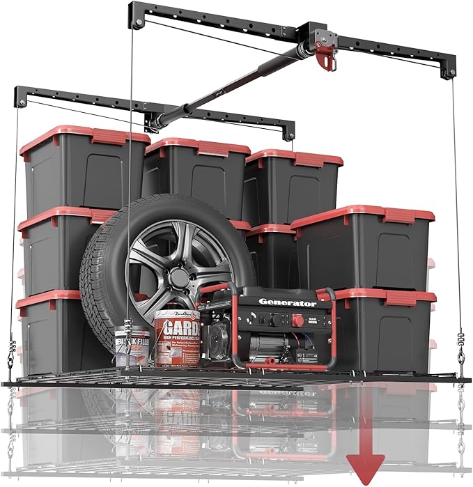 Overhead Garage Storage Rack for 8-10 FT Ceiling, Heavy-duty 4x4 FT Ceiling Storage Racks with Safety Lock, Ideal for Garage Storage Mounted Lift System and Storage Organizer, 250lbs Capacity