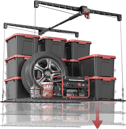 Overhead Garage Storage Rack for 8-10 FT Ceiling, Heavy-duty 4x4 FT Ceiling Storage Racks with Safety Lock, Ideal for Garage Storage Mounted Lift System and Storage Organizer, 250lbs Capacity