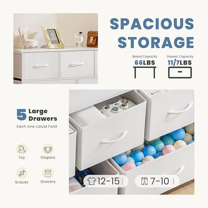 DUMOS Dresser for Bedroom, 5 Storage Drawers, Wide Fabric Closet Chests Organizer Tower Furniture with Wooden Top Metal Frame for Clothes, Guest Room, Living Room, Hallway, Entryway