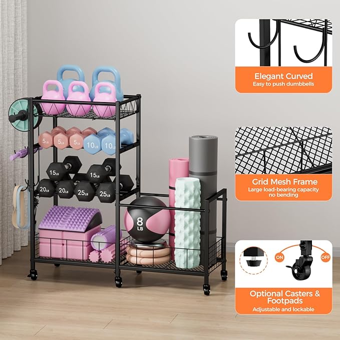 Dumbbell Rack, Home Gym Weight Rack Storage, Adjustable Dumbbell Stand Organizer with Wheels, Holds Dumbbells, Kettlebells, Yoga Mats