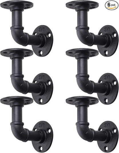 MUZIK 6 Pack Industrial Pipe Shelf Brackets, L-Shaped Shelving Support for Wall Mount Floating Industrial Shelves - Vintage Black Iron Finish DIY Pipe Shelf (4*4 Inch)