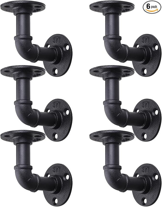 MUZIK 6 Pack Industrial Pipe Shelf Brackets, L-Shaped Shelving Support for Wall Mount Floating Industrial Shelves - Vintage Black Iron Finish DIY Pipe Shelf (4*4 Inch)
