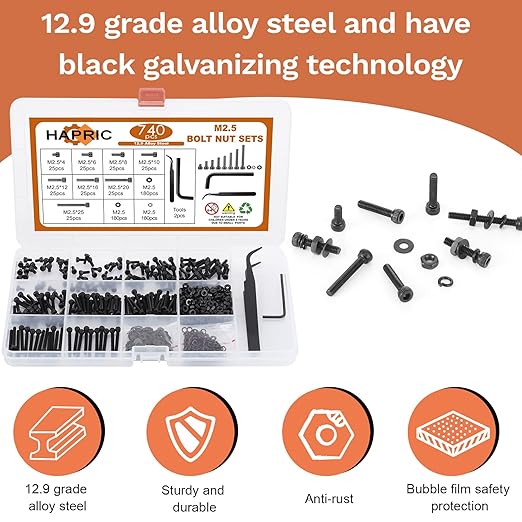 740 Pcs M2.5 Screws Kit M2.5 Screw Assortment Nuts and Bolts Assortment Kit Metric Machine Screw Kit, 12.9 Alloy Steel Black Zinc Plated Hex Socket Head Screws Nuts Bolts and Washers Set