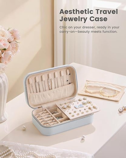 Lolalet Travel Jewelry Case for Women Girls, Travel Jewelry Organizer with Clear Storage Bag Small Portable Jewelry Box for Necklace Bracelet Earring Ring Birthday Bridesmaid Gifts -Medium/Blue