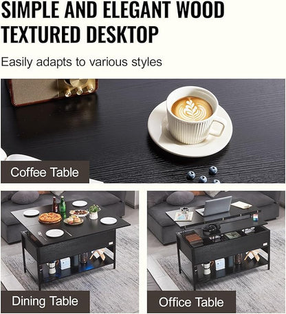 VEVOR 4-in-1 Lift Top Coffee Table, Multi-Function Convertible Coffee Table with Storage and Hidden Compartment, Farmhouse Center Table with Power Outlet & USB & LED Light for Living Room, Home Office