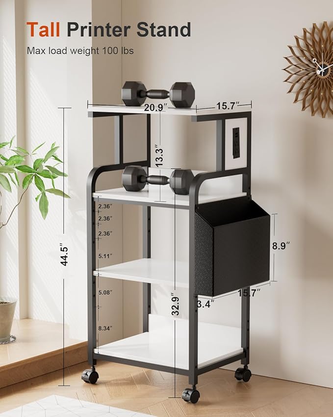 Tall Printer Stand with Charging Station, 4-Tier Large Printer Table Adjustable Shelf, Mobile Printer Cart on Wheels Heavy Duty for Home Office, Fits 3D Printer Shredder Scanner Fax, White
