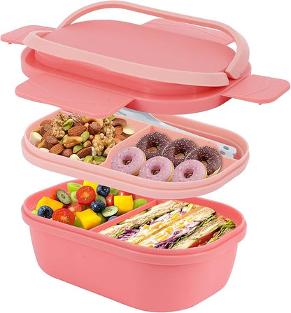 Leakproof Lunch Box, Drop-Proof Bento Box for Kids & Adults, BPA-Free Lunch Containers with Sleek Handles & Utensils, Microwave & Dishwasher Safe (Pink)