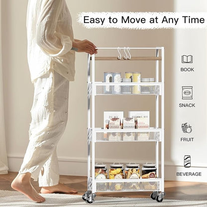 DGSNADGO Slim Rolling Storage Cart, 4-Tier Kitchen Cart on Wheels, Narrow Utility Cart with Handle and Wooden Tabletop for Small Space in Kitchen, Living Room, Bathroom, Laundry Room, Beige and White