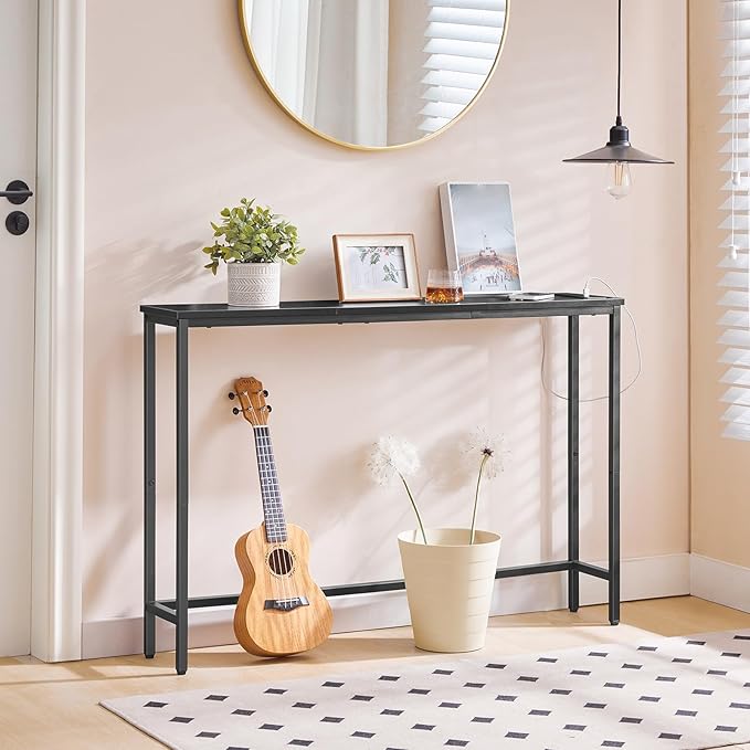 HOOBRO Narrow Console Table with Power Outlets, 44.9 Inches Sofa Table, Slim Behind Couch Table, Entryway Table with Display Shelf, for Living Room, Foyer, Hallway, Black BB114UXG01