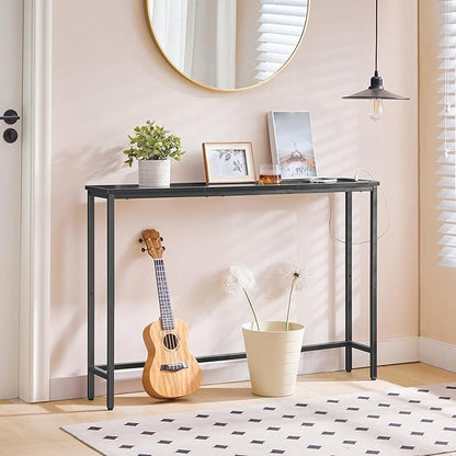 HOOBRO Narrow Console Table with Power Outlets, 44.9 Inches Sofa Table, Slim Behind Couch Table, Entryway Table with Display Shelf, for Living Room, Foyer, Hallway, Black BB114UXG01