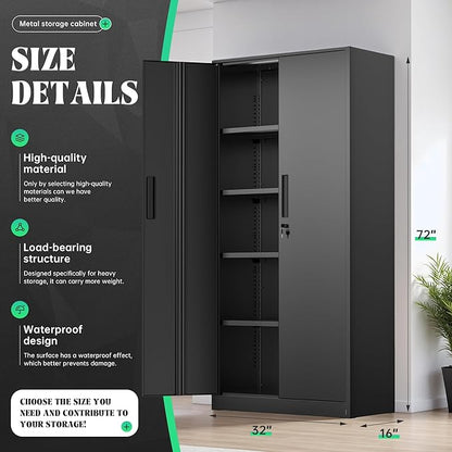 Oakcloud Metal Storage Cabinet Tool Organizer, 72" Lockable Garage Storage Tool Cabinets with 2 Doors and 4 Adjustable Shelves, Locking File Cabinet for Office, Home, School (72“ Standard-Black)