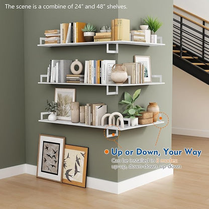 24 Inch Floating Wall Bookshelf for Kids Bedroom, White Large Wall Shelves for Bathroom Over Toilet, Deep Long Floating Book Shelves for Teen Girls Boys Office Classroom Living Room (Set of 3)