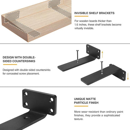 HITOMEN Heavy Duty Floating Shelf Brackets, 6-Inch (1/5'' Thick) Hidden Shelves Hardware, Iron L Brackets, Rustic Industrial Black Metal Wall Shelving Supports, 4 Pack
