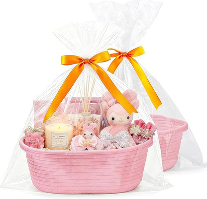 Christmas Baskets for Gifts Empty, Small Woven Basket with Gift Bags & Ribbons, Empty Gift Baskets for Thanksgiving Baby Shower, Cute Nursery Storage Organizer Pet Toy Box 12"X 8" X 5 (Pink, 2 Pack)