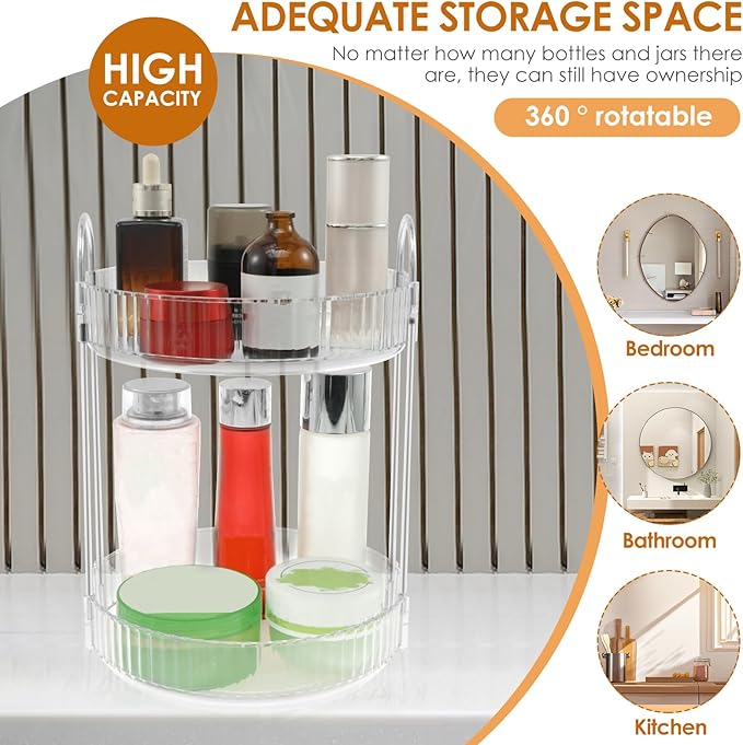 360° Rotating Bathroom Countertop Organizer, 2-Tier Makeup Organizer, Multi-Function Skincare Organizer, Large Capacity Rotating Cosmetic Organizer, Rotating Vanity Organizer for Countertop (1)