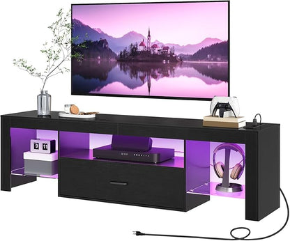 HOOBRO LED TV Stand with Power Outlets to 65 inch TV, Gaming Entertainment Center with Glass Shelves and Large Drawer, Modern Media TV Console Table for Living Room Bedroom, Black BB160UDDS01G1