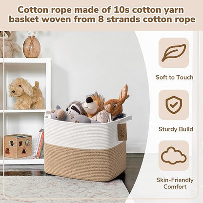 Goodpick Woven Storage Baskets for Organizing, Nursery Toy Baskets Storage Kids, Cotton Rope Basket with Handles, Rectangle Blanket Basket for Living Room, 18 x 14 x 12 Inches