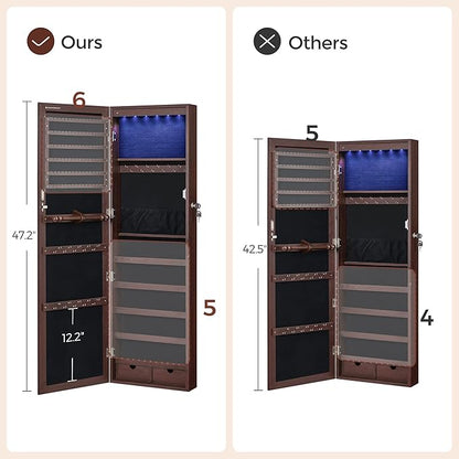 SONGMICS 6 LEDs Mirror Jewelry Cabinet, 47.2-Inch Tall Lockable Wall or Door Mounted Jewelry Armoire Organizer with Mirror, 2 Drawers, 3.9 x 14.6 x 47.2 Inches, Brown UJJC93K