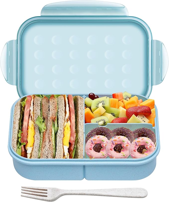 Wheat Straw Lunch Box, Leakproof 3-Compartment Bento Box for Kids & Adults, BPA-Free Lunch Containers, Microwave & Dishwasher Safe, 5.5 Cup (Blue)
