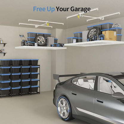 Overhead Garage Storage Rack – 4x8 FT Garage Ceiling Storage Racks with Safety Lock, Heavy-Duty Ceiling Mounted Lift System and Storage Organizer, Ideal for Maximizing Overhead Space, 325 lbs Capacity