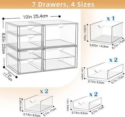 Clear Stackable Storage Drawers, Acrylic Makeup Organizer with 7 Drawers, Bathroom Organizers and Storage, Plastic Bins for For Vanity, Undersink, Kitchen Cabinets, Pantry