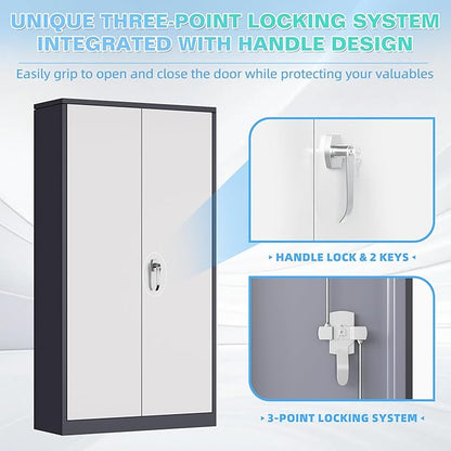 Bonusall Mental Garage Cabinets with 2 Door and 4 Shelves, Locking Cabinet with for Tool，Tall Garage Storage Cabinets for Home Office, Warehouse，School(White Grey)