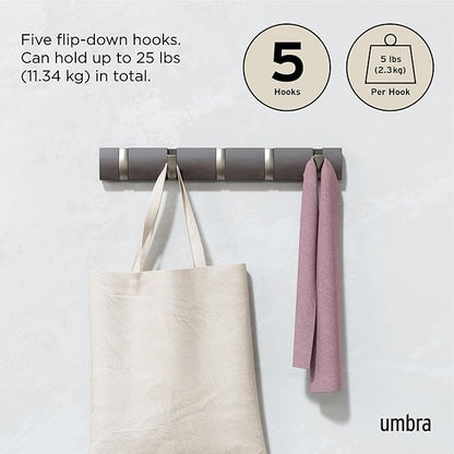 Umbra Flip Wall-Mounted Coat Rack with 5 Hooks – Modern, Space-Saving Storage for Hats, Jackets, Bags, Entryway, Mudroom, Closet, Bathroom, Bedroom – Driftwood/Nickel