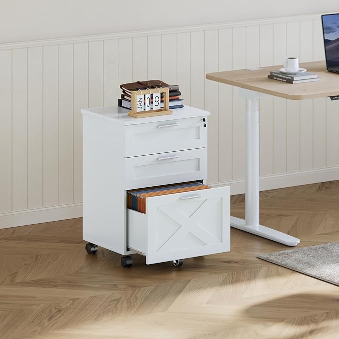 GarveeHome 3-Drawer File Cabinet with Lock, Mobile Under Desk Filing Cabinet for Home Office, Wood Storage Organizer for Letter/a4/Legal Size Documents, White