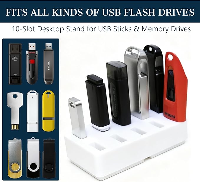 JBOS 10-Slot USB Flash Drive Holder Stand, Desktop Organizer Rack for Memory Sticks, Jump Drives & Electronic Accessories, Office Desk Storage,White