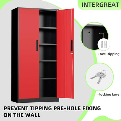 INTERGREAT Garage Storage Cabinet with Lockable Door, 72" H Metal Locking Cabinets with 4 Adjustable Shelves,Black Red Steel Cabinets Storage for Home Office, Warehouse，School