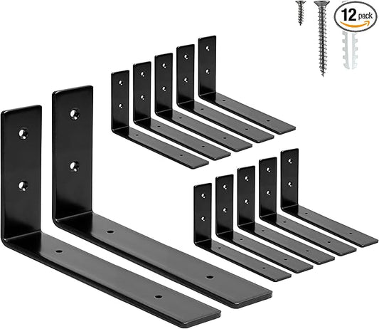 HEART ART 12 Pack Shelf Brackets 8 inch,L Brackets for Shelves,Black Heavy Duty Metal Shelf Brackets,8”x4”x1.4”