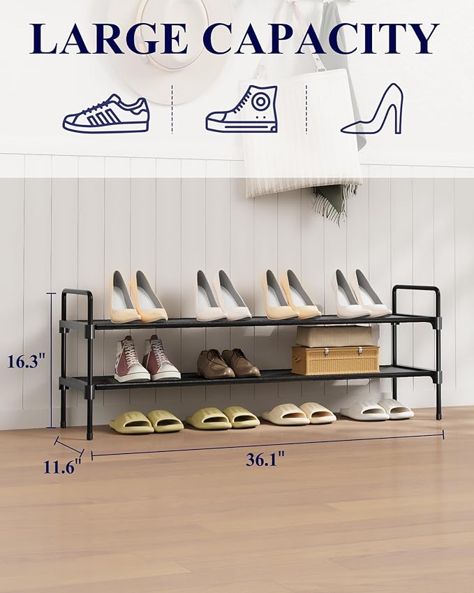 Kitsure Shoe Rack - 2-Tier Long Shoe Organizer with Handles & Non-Slip Feet, Rust-Resistant Metal Shoe Rack for Closet, Entryway, Bedroom, Living Room, 36.1" Wide - 2 Tiers, Black
