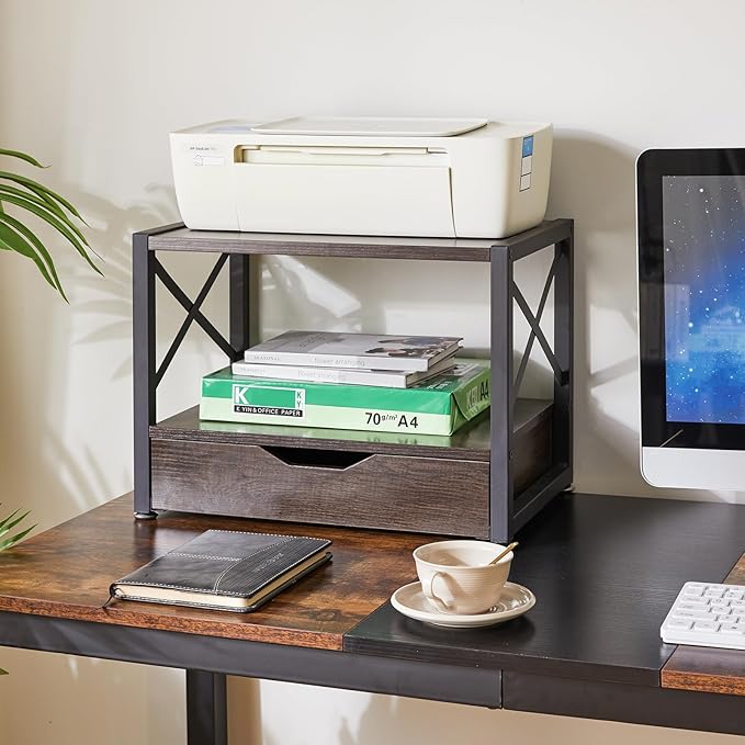 IBUYKE 2 Tier Desktop Printer Stand,Multi-Purpose Desk Organizer,Wooden Printer Stand with Drawer Storage for Folders,Books,for Fax Machine, Scanner,Home Office,Grey TLJ006G
