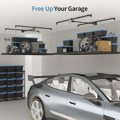 Overhead Garage Storage Rack – 4x8 FT Garage Ceiling Storage Racks with Safety Lock, Heavy-Duty Ceiling Mounted Lift System and Storage Organizer, Ideal for Maximizing Overhead Space, 325 lbs Capacity