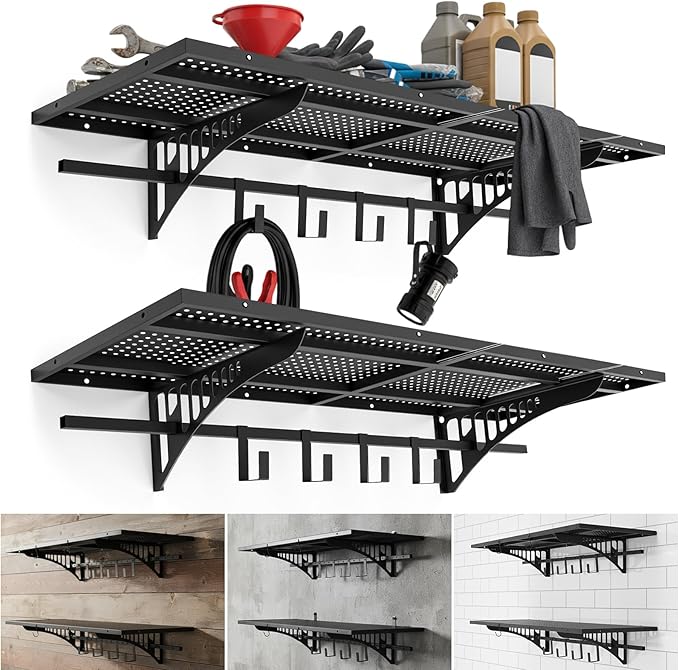 Zonon 2 Pack 1.67 x 4 ft Heavy Duty Garage Wall Shelving with 12 Hooks, 700 Lbs Load Capacity, Wall-mounted Garage Storage Shelving and Organization for Sheds, Closets, or Utility Rooms