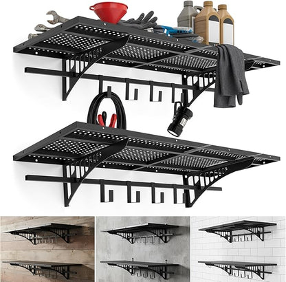 Zonon 2 Pack 1.67 x 4 ft Heavy Duty Garage Wall Shelving with 12 Hooks, 700 Lbs Load Capacity, Wall-mounted Garage Storage Shelving and Organization for Sheds, Closets, or Utility Rooms