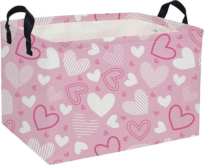 Rectangular Valentine's Day Baskets,Heart Basket,Pink Girls Basket Kids Storage Bin Love Room Decor for Home.(Pink Striped Heart)