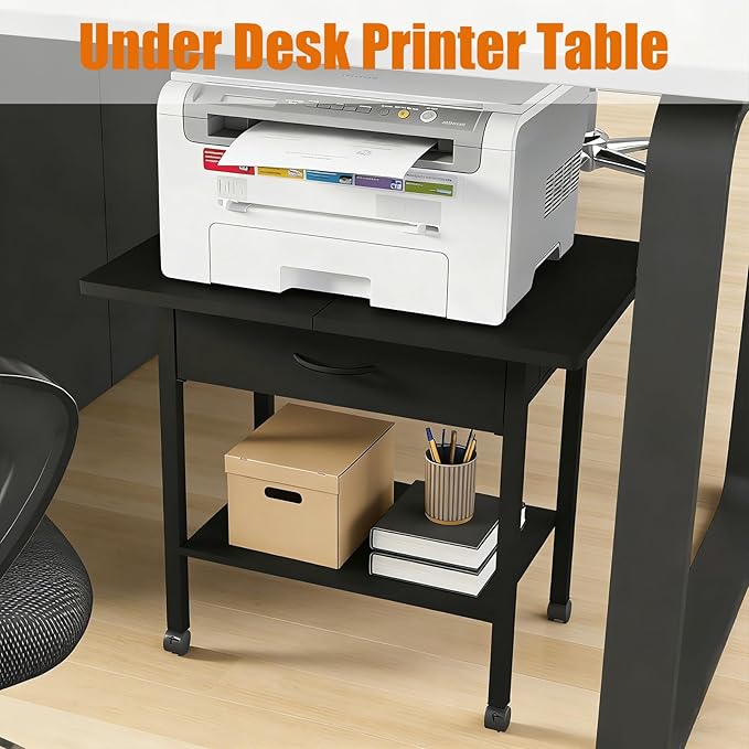 Large 22" x 15" Under Desk Printer Stand, 2-Tier Shelf Printer Table with Storage Fabric Drawer and Wheels, Rolling Cart for Home Office Fits 3D Printer, Scanner (Black)