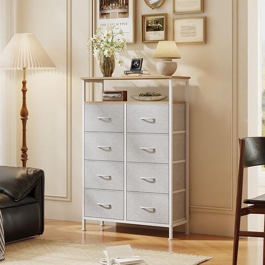 DUMOS TV Stands for Living Room with 8 Drawers, Tall 8-Drawer Chest of Drawers with Raised Shelf, Storage Tower with Fabric Bins for Organization, Hallway Storage, Light Grey